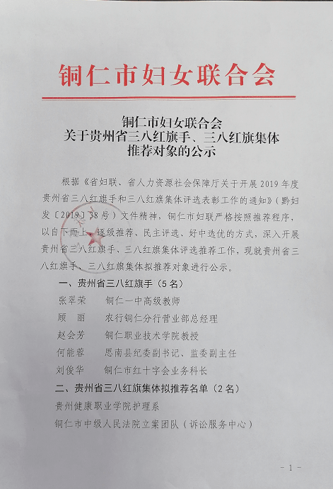 铜仁市妇联关于贵州省三八红旗手、三八红旗集体 推荐对象的公示