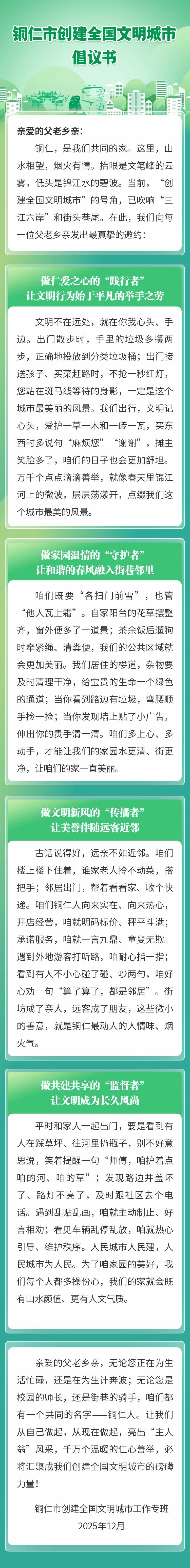 铜仁市创建全国文明城市倡议书